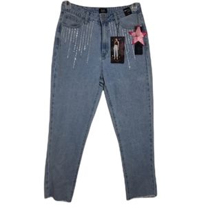Simple Society Juniors Jeans High Rise Straight Light Wash Size 7/28 Rhinestones